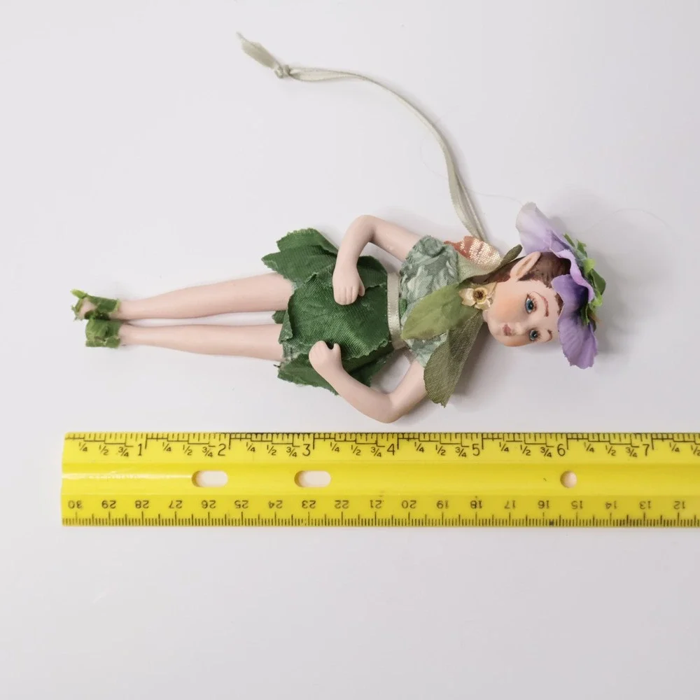 Vintage Porcelain Flower Fairy Ornament Green Leaf‎ Dress Purple Floral Hat 6.5